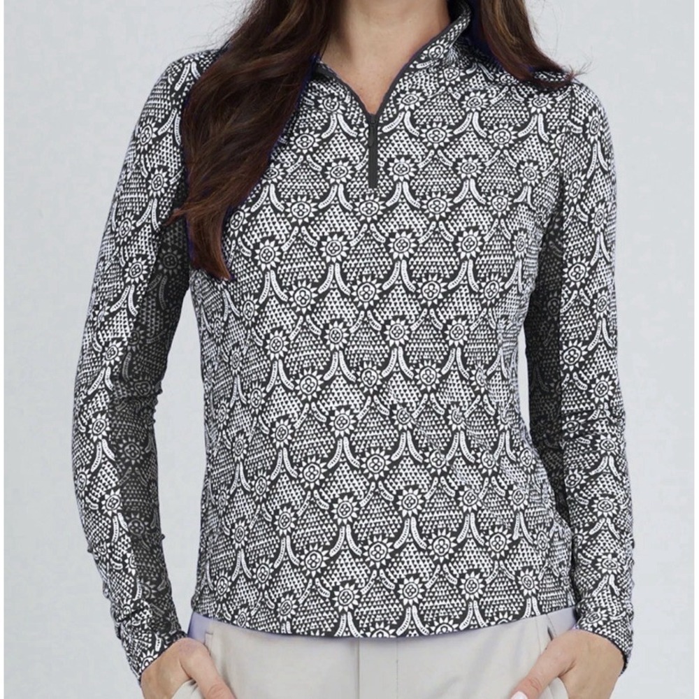 NEW IBKUL LESLIE Black & WHITE Long Sleeve Mock Golf Shirt Medium
